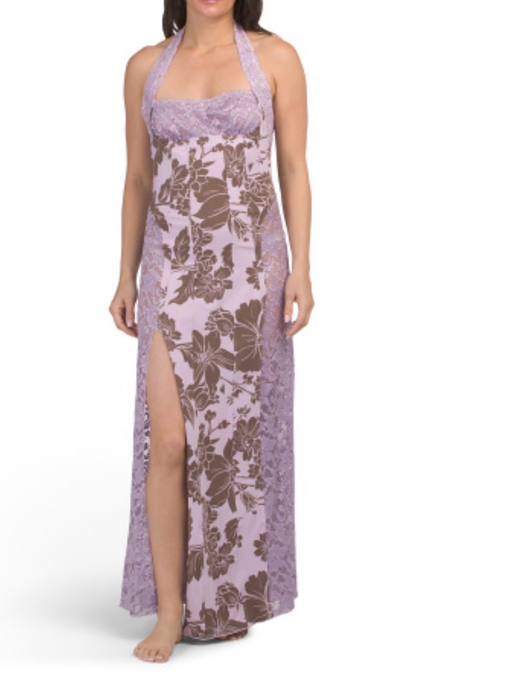 Free People Lavender Halter Maxi Slip with Brown Floral Print